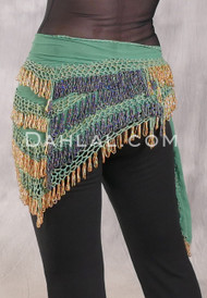 Deep V Beaded Loop Wrap, Egyptian Hip Scarf - Green with Black Iris and Gold