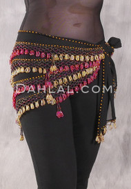 Deep V Beaded Loop Wrap, Egyptian Hip Scarf - Black with Red Iris and Gold
