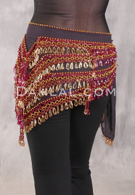 Deep V Beaded Loop Wrap, Egyptian Hip Scarf -Almost Black with Wine Iris and Gold