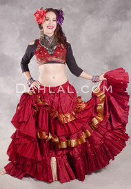 MOONLIGHT AVALON 25 Yard Silk Tiered Ruched Skirt - Deep Red and Gold