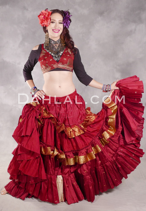 MOONLIGHT AVALON 25 Yard Silk Tiered Ruched Skirt - Deep Red and Gold