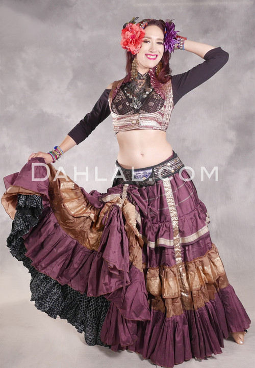 MOONLIGHT AVALON 25 Yard Silk Tiered Ruched Skirt - Deep Mauve, Deep Sand and Gold