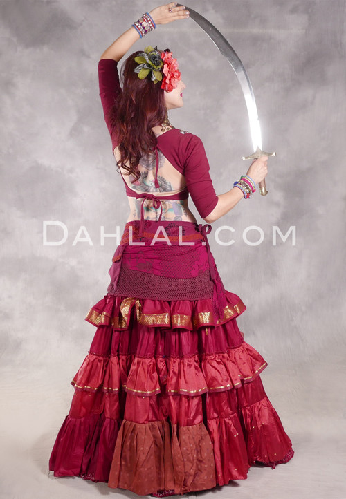 MOONLIGHT AVALON 25 Yard Silk Tiered Ruched Skirt - Dusty Deep Coral, Deep Red, Red, Tan and Gold