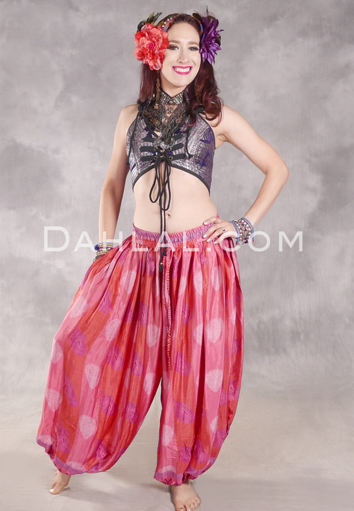BEYOND THE DESERT Silk Blend Harem Pants - Light Coral, Red, Purple and White