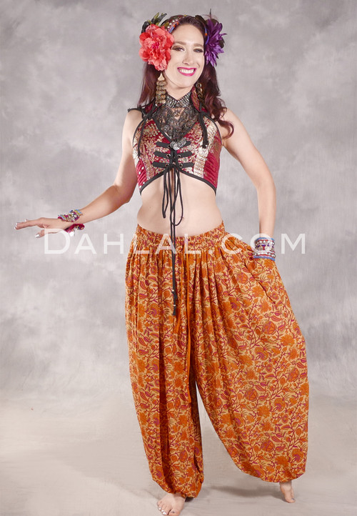 BEYOND THE DESERT Silk Blend Harem Pants - Soft Light Yellow, Goldenrod, Fuchsia and Green