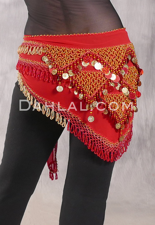 Egyptian Deep V Beaded Hip Wrap and Teardrop Beads - Red with Gold and Red