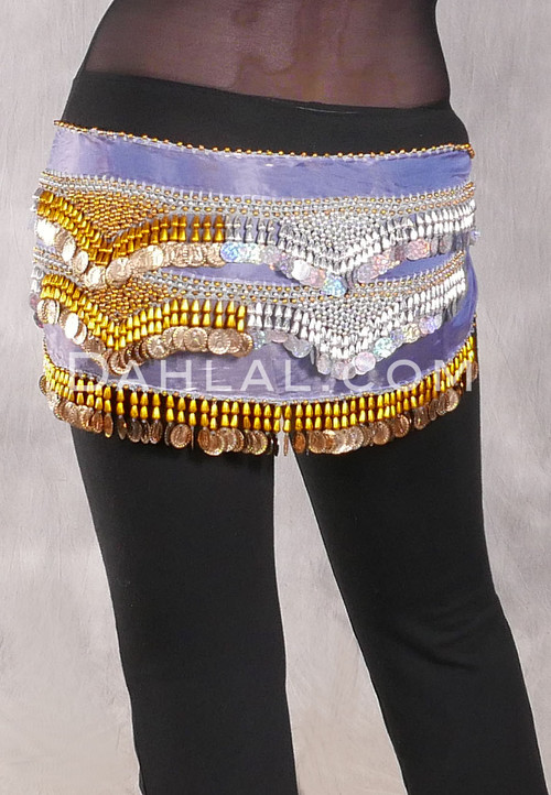 Egyptian Hip Scarf With Beads And Coins - Blue Lavender, Gold and Silver