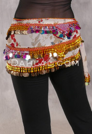 Egyptian Hip Scarf With Beads And Coins - Floral Print with Multi-color and Gold