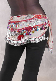 Egyptian Hip Scarf With Beads And Coins - Floral Print with Multi-color and Silver
