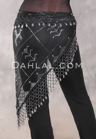 Egyptian Assuit Wide Row Beaded Scarf- Black with Silver