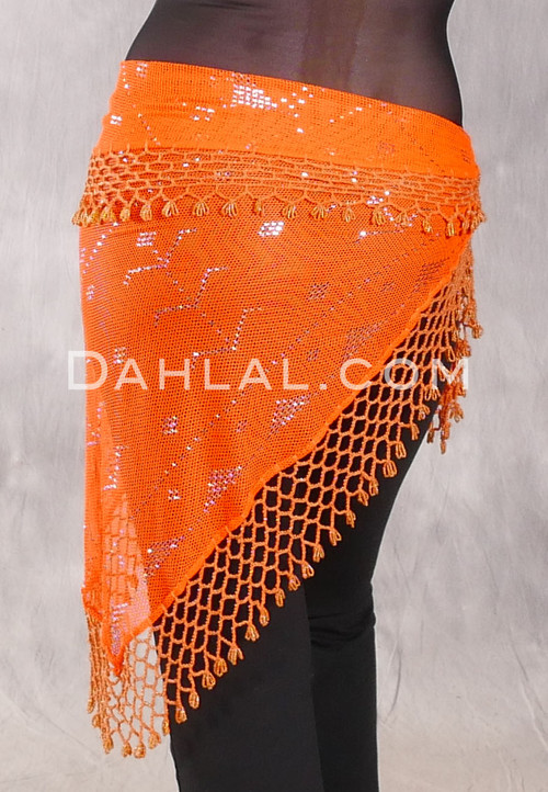 Egyptian Assuit Wide Row Beaded Scarf- Orange with Silver