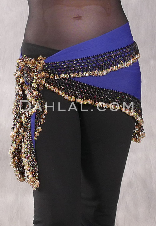 DYNASTY Wide Row Beaded Hip Scarf - Royal Blue with Gold