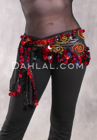 ISMAILIA Egyptian Beaded Paillette Hip Wrap - Black, Red and Gold