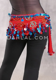 ISMAILIA Egyptian Beaded Paillette Hip Wrap - Red, Turquoise and Gold