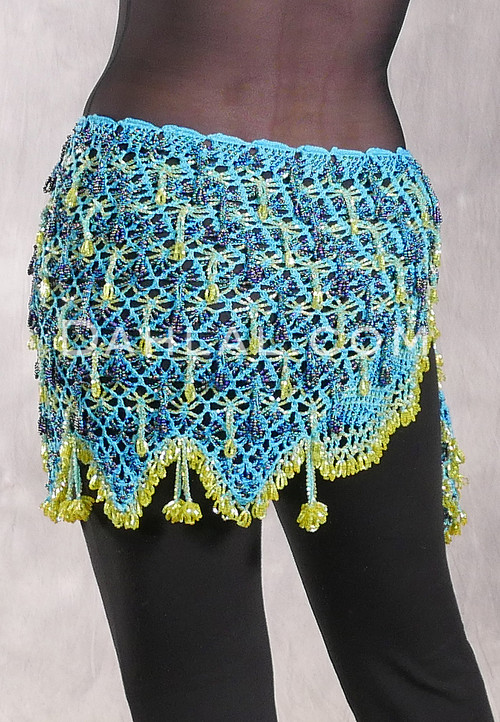 Crocheted Sparkle Hip Shawl - Turquoise with Black Iris and Lime Iris