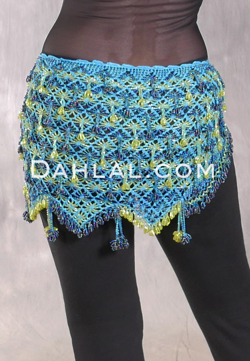 Crocheted Sparkle Hip Shawl - Turquoise with Black Iris and Lime Iris