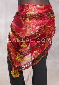 Egyptian Beaded Hip Shawl - Graphic Print with Red, Copper and Gold