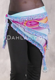 Egyptian Beaded Hip Shawl - Peacock Print with Blue, Deep Pink, Orchid and Silver
