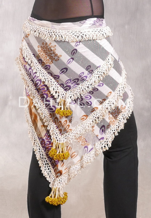 Egyptian Beaded Hip Shawl - Graphic Print with Pearl White and Gold