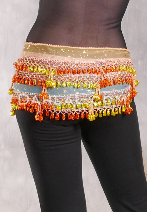 Beaded 3-Row Egyptian Mesh Hip Scarf - Pastel Gradient with Orange and Yellow