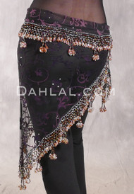 DYNASTY Wide Row Beaded Hip Scarf - Black and Plum Burnout Velvet Mesh with Copper Iris and Silver