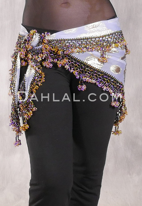 SUN GODDESS Wide Row Beaded Hip Scarf - Periwinkle and Gold with Orchid and Gold