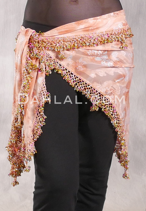 DYNASTY Wide Row Beaded Hip Scarf - Soft Coral Paisley with Gold and Multi-color