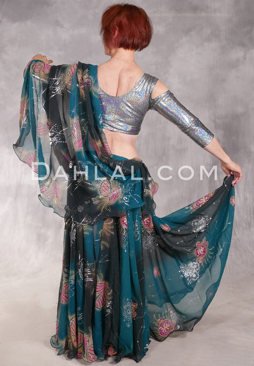 AMARNA Egyptian Skirt, Veil and Scarf Set - Teal, Black and Silver