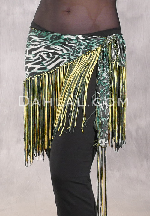 Lycra Fringe Hip Scarf - Animal Print with Yellow and Forest Green