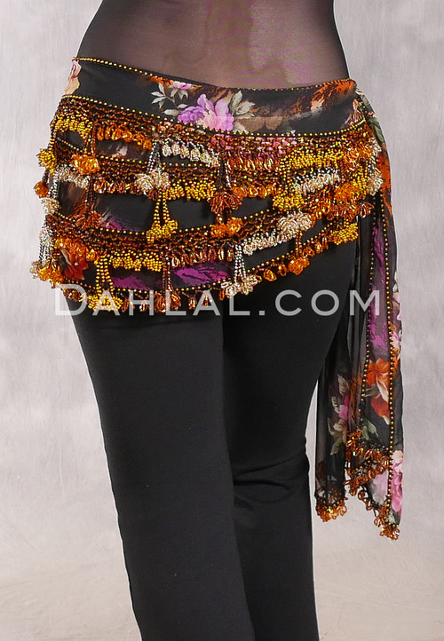Beaded 3-Row Egyptian Hip Scarf - Black Floral with Gold, Copper, Goldenrod and Metallic Gold