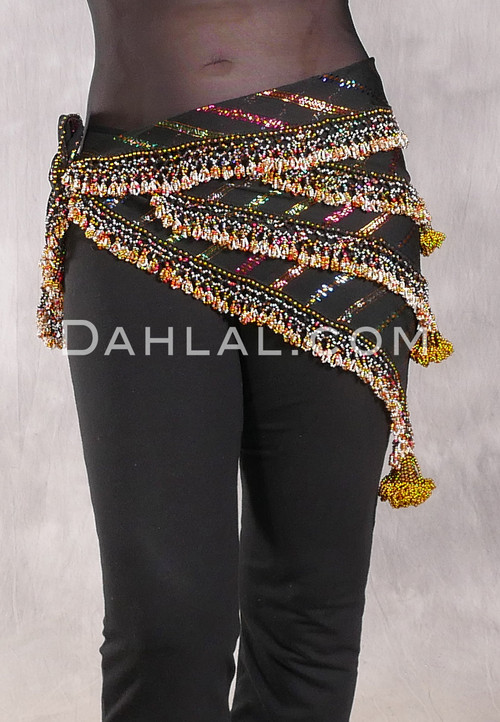 Egyptian Beaded Hip Shawl - Metallic Stripe with Gold, Pearl White and Red