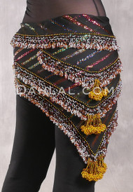 Egyptian Beaded Hip Shawl - Metallic Stripe with Copper Iris, Metallic Silver and Gold