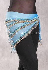 Egyptian Beaded Hip Shawl - Blue Gradient with Metallic Silver, Gold, Royal Blue Iris and White