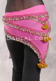 Egyptian Beaded Hip Shawl - Bright Pink with Gold, Royal Blue, Iris, Blue, White and Silver