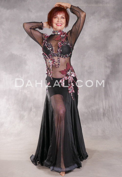 FLORAL EMBRACE Egyptian Dress - Black, Pink, Silver and Fuchsia