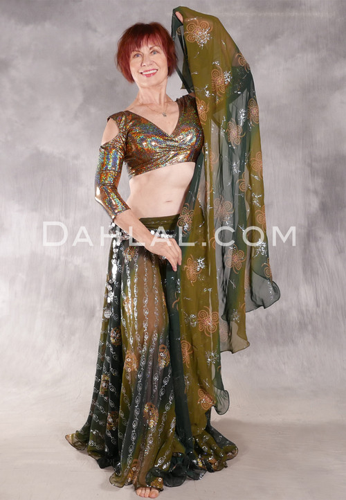 AMARNA Egyptian Skirt, Veil and Scarf Set - Olive, Forest Green & Silver