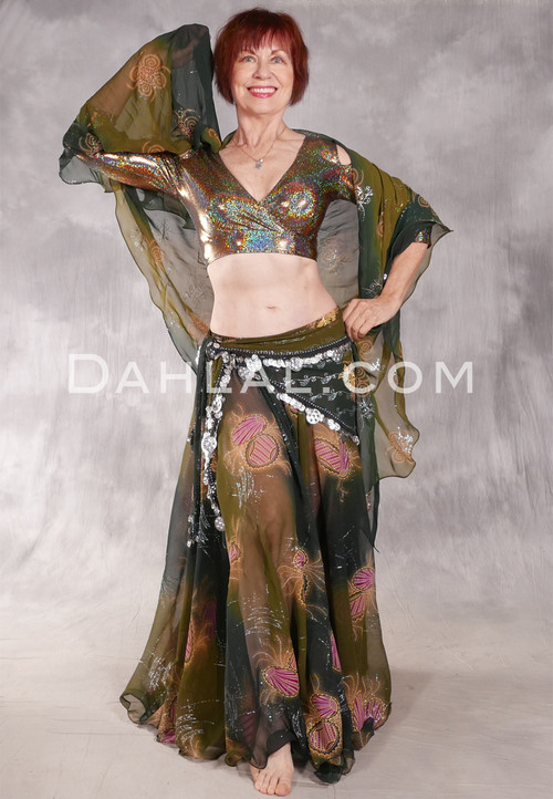 AMARNA Egyptian Skirt, Veil and Scarf Set - Olive, Forest Green & Silver, Option 2
