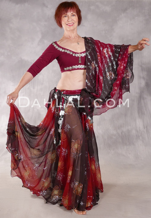 AMARNA Egyptian Skirt, Veil and Scarf Set - Wine, Dark Chocolate and Silver