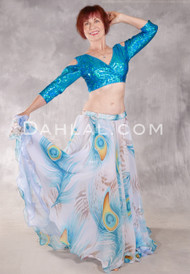 PEACOCK FEATHER PRINT Double Chiffon Skirt - White and Teal