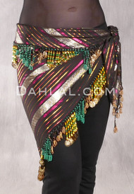Wide Row Bead and Coin Hip Scarf - Metallic Stripe with Gold and Green