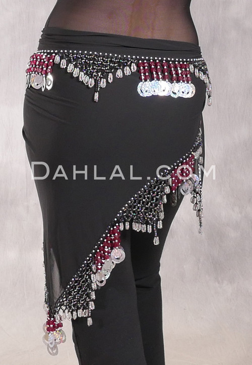 Wide Row Bead and Paillette Hip Scarf - Black with Wine and Silver