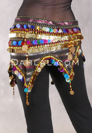 Egyptian Wave Hip Scarf with Coins and Paillettes - Metallic Stripe with Multi-color and Gold