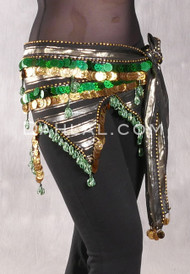 Egyptian Wave Hip Scarf with Coins, Beads and Paillettes - Metallic Stripe with Green and Gold