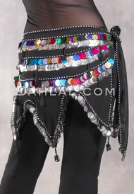 Egyptian Wave Hip Scarf with Coins, Beads and Paillettes - Metallic Stripe with Multi-color and Silver