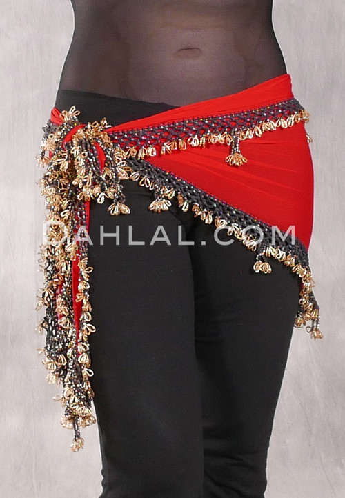 DYNASTY Wide Row Beaded Hip Scarf - Red with Gold