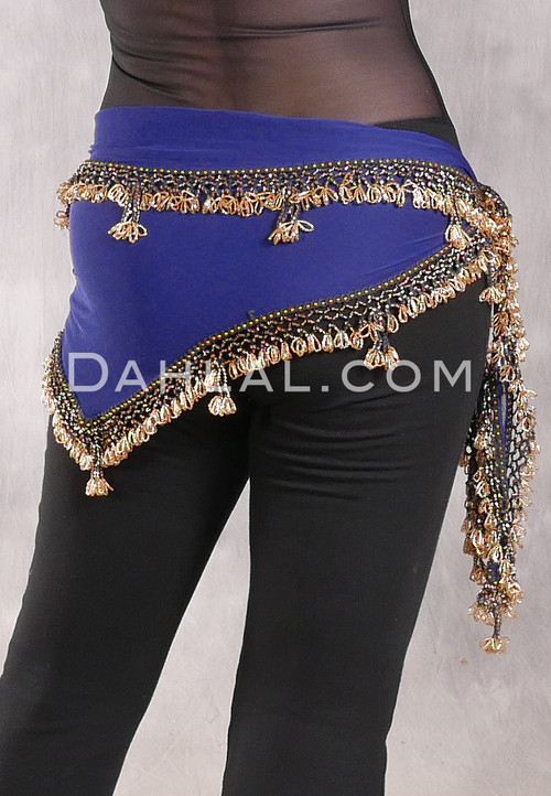 DYNASTY Wide Row Beaded Hip Scarf - Dark Royal Blue with Gold