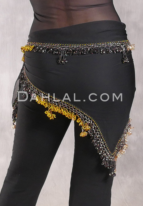 DYNASTY Wide Row Beaded Hip Scarf - Black with Gold, Black Iris and Metallic Gold