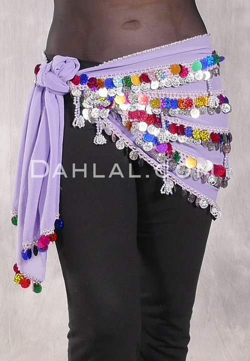 Five Row Egyptian Paillette and Coin Hip Scarf - Lavender with Silver and Multi-color