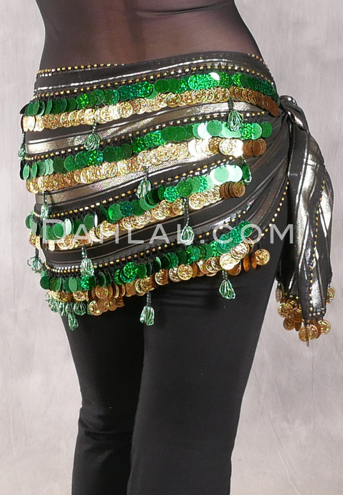 Five Row Egyptian Bead, Coin And Pailette Hip Scarf - Metallic Stripe with Gold and Green