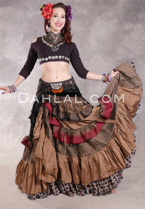 MOONLIGHT AVALON 25 Yard Silk Tiered Ruched Skirt - Dark Tan, Dark Taupe, Black and Red, Skirt